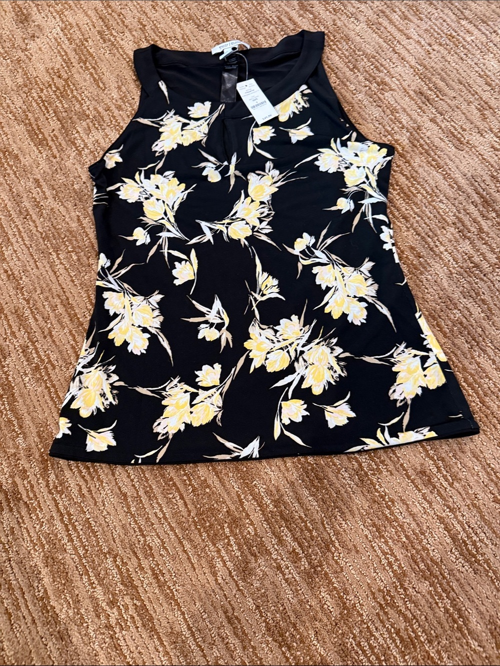 Sleeveless Floral Print Tank Top - Black with Yellow Flowers
